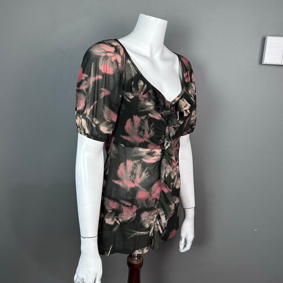 DKNY Top Small Short Sleeve Ruffle Floral Black whimsigoth grunge y2k gauzy pink - Picture 3 of 9
